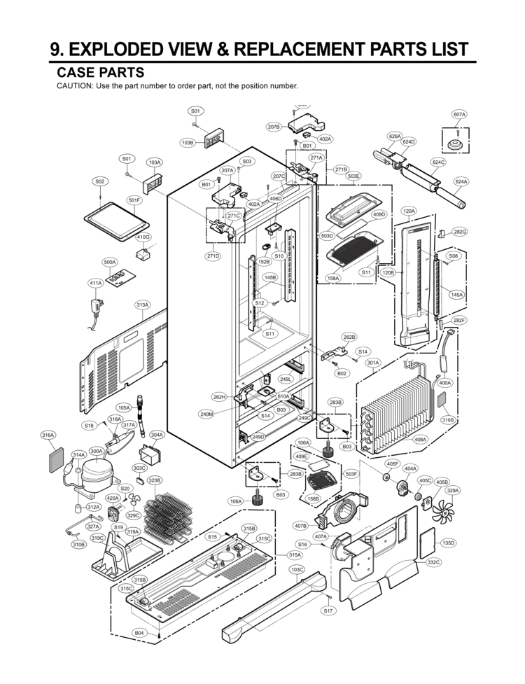 CASE PARTS   EXPLODED VIEW & REPLACEMENT PARTS Diagram and Parts List for LMX25981SW GR-L25AUQJH LG Refrigerator