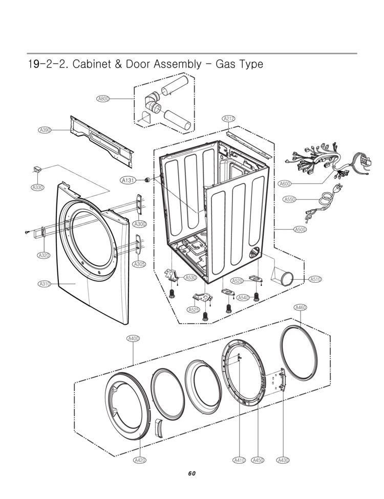 Cabinet & Door Assembly  Gas Type Diagram and Parts List for CDG3389WN  LG Dryer