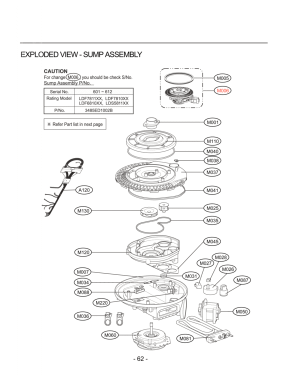 EXPLODED VIEW  SUMP ASSEMBLY Diagram and Parts List for LDS5811ST  LG Dishwasher