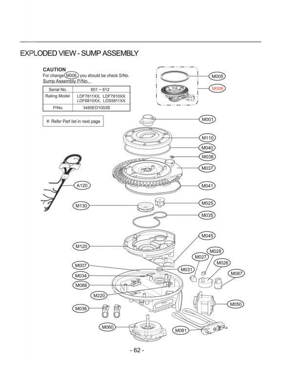 EXPLODED VIEW  SUMP ASSEMBLY Diagram and Parts List for LDF7811BB  LG Dishwasher