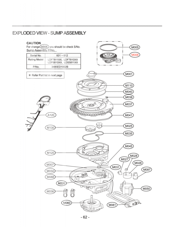 EXPLODED VIEW  SUMP ASSEMBLY Diagram and Parts List for LDF7810ST  LG Dishwasher