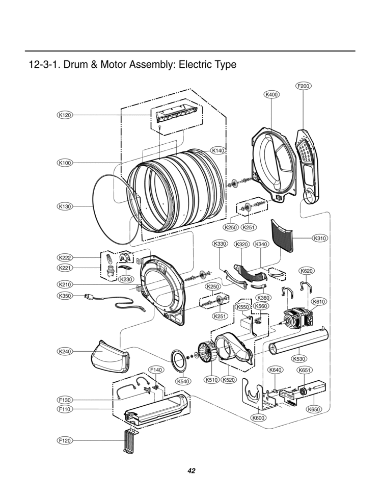 Drum & Motor Assembly Diagram and Parts List for DLE1310W ABWEEUS LG Dryer
