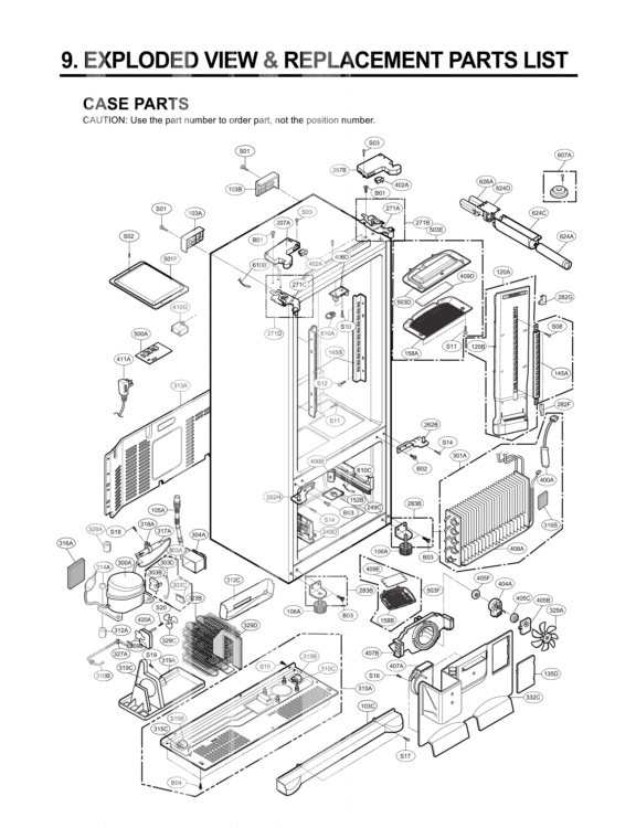 CASE PARTS   EXPLODED VIEW & REPLACEMENT PARTS LIST Diagram and Parts List for LFX25971SB AWB2LGA LG Refrigerator