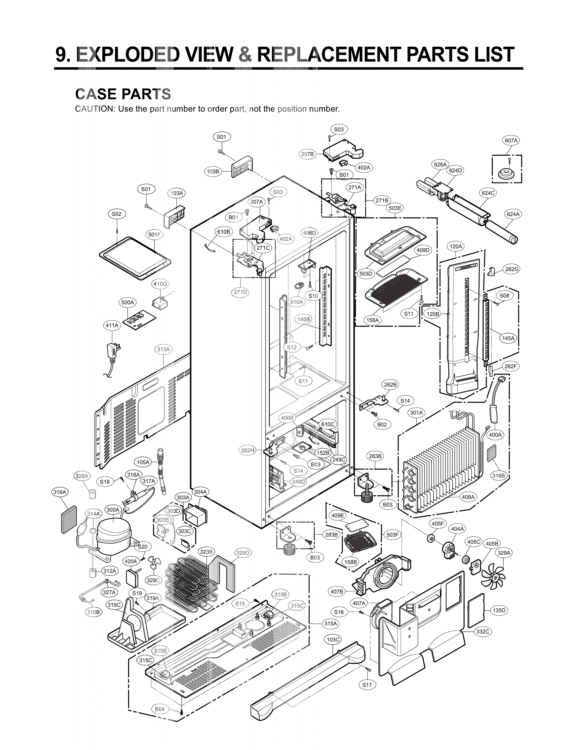 CASE PARTS   EXPLODED VIEW & REPLACEMENT PARTS LIST Diagram and Parts List for LFX25971ST AST3LGA LG Refrigerator