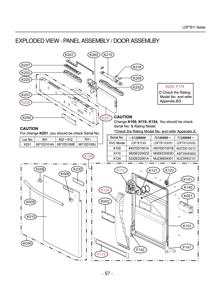 EXPLODED VIEW  PANEL ASSEMBLY  DOOR ASSEMLBY Diagram and Parts List for LDF7811WW LDF7811WW /01 LG Dishwasher