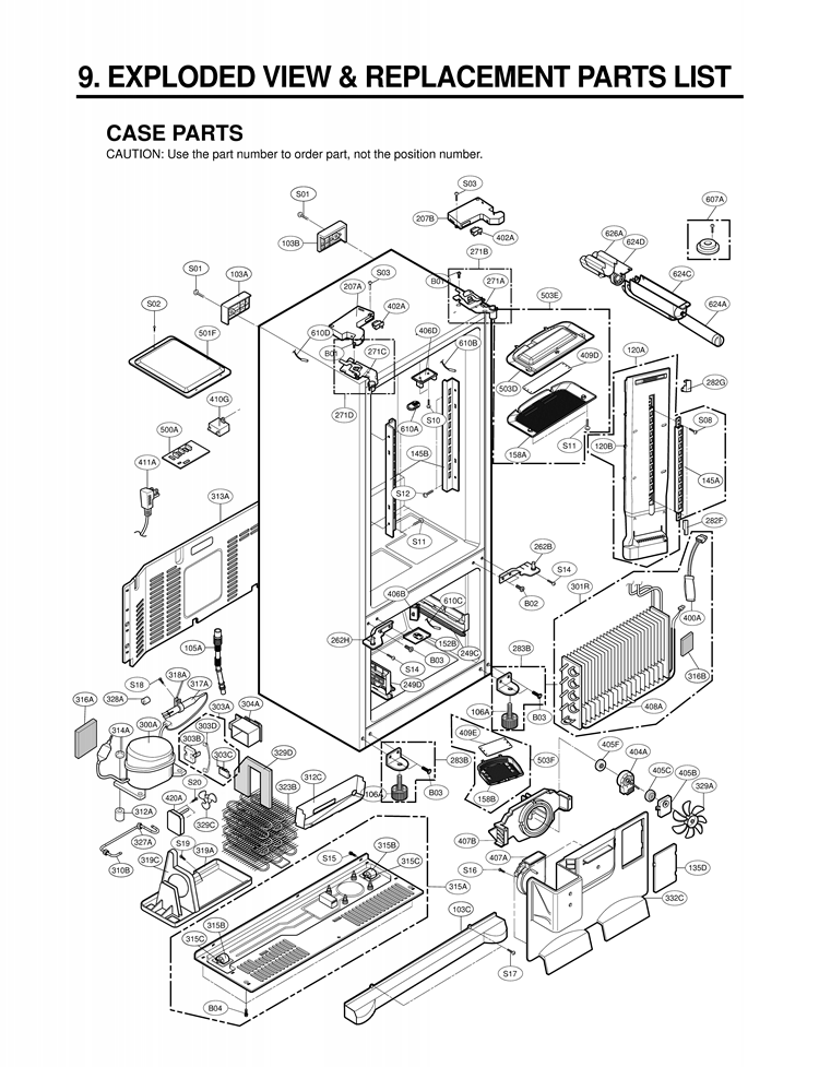 CASE PARTS   EXPLODED VIEW & REPLACEMENT PARTS LIST Diagram and Parts List for LFX25975ST ASTCLGA LG Refrigerator
