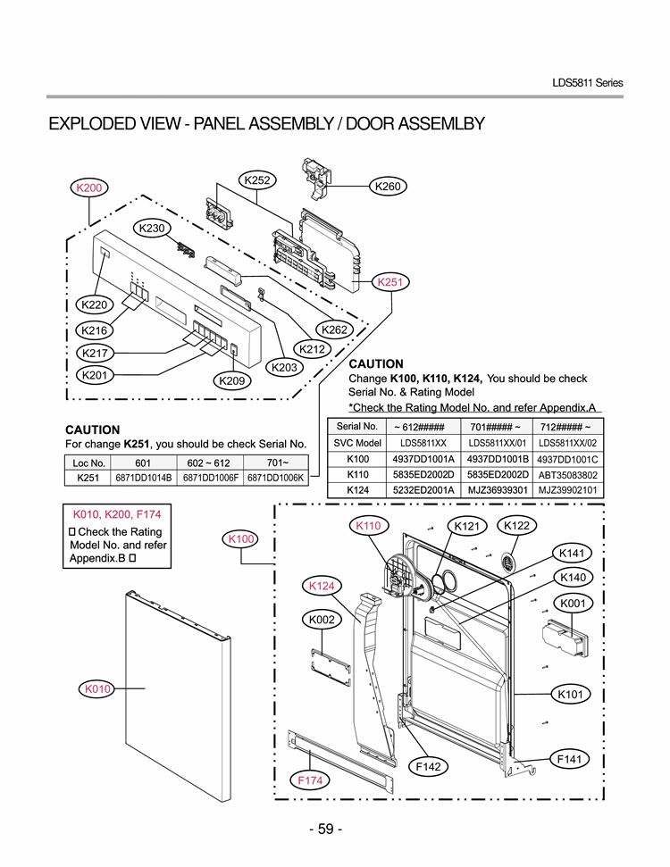 EXPLODED VIEW  PANEL ASSEMBLY  DOOR ASSEMLBY Diagram and Parts List for LDS5811ST LDS5811ST /01 LG Dishwasher