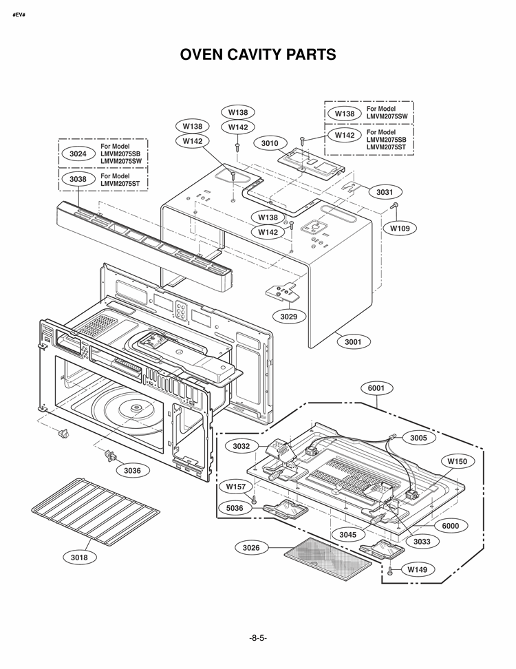 OVEN CAVITY PARTS Diagram and Parts List for LMVM2075ST ASBELGA LG Microwave