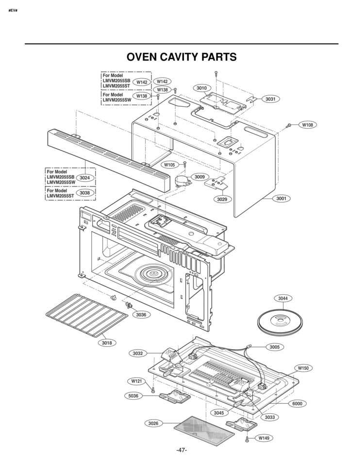 OVEN CAVITY PARTS Diagram and Parts List for LMVM2055SB  LG Microwave