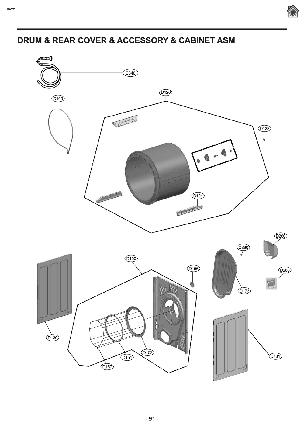 Drum And Rear Cover And Accessory And Cabinet Asm Diagram and Parts List for WKHC152HWA ABWEEUS LG Washer Dryer Combo