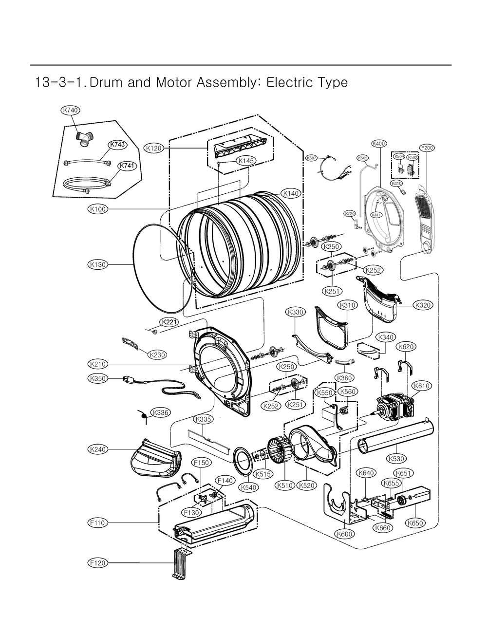 Drum And Motor Assembly Diagram and Parts List for DLEX4080B ABLEEUS LG Dryer