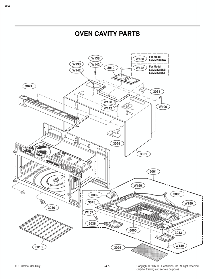 OVEN CAVITY PARTS Diagram and Parts List for LMVM2085ST LMVM2085ST/01 LG Microwave
