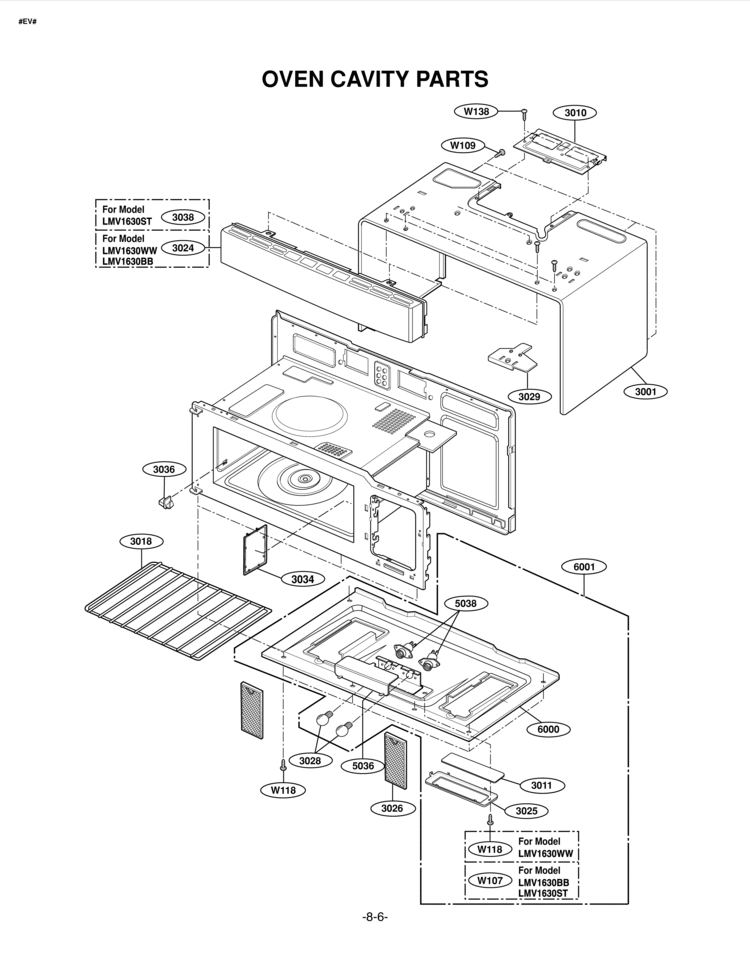 OVEN CAVITY PARTS Diagram and Parts List for LMV1630ST  LG Microwave
