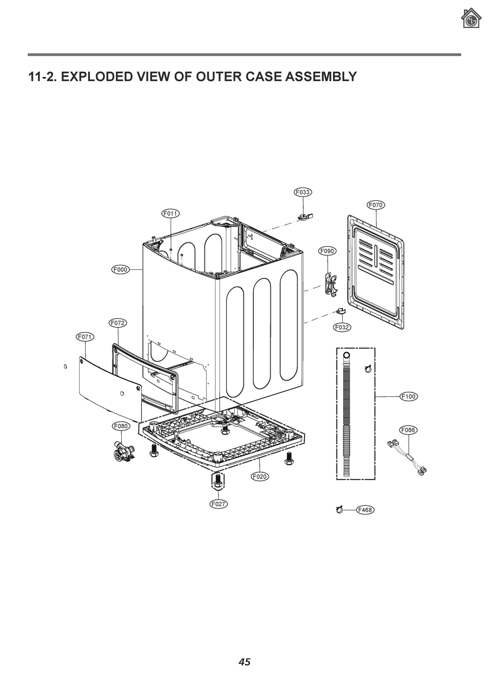Outer Case Assembly Diagram and Parts List for T1001E3J ABWEELC LG Washer