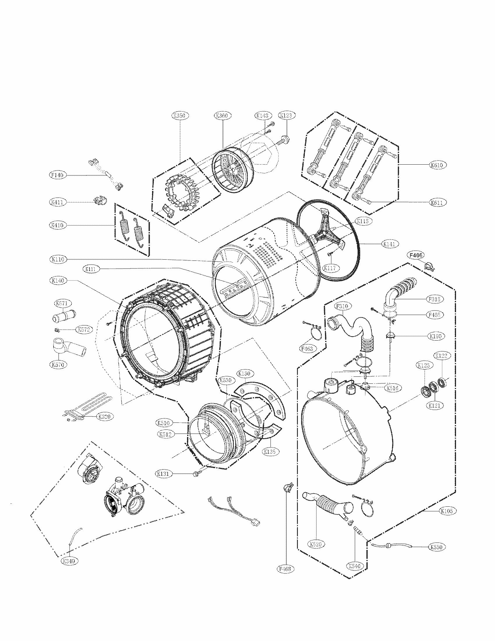 Drum And Tub Assembly Parts Diagram and Parts List for 79641373210  Kenmore Washer