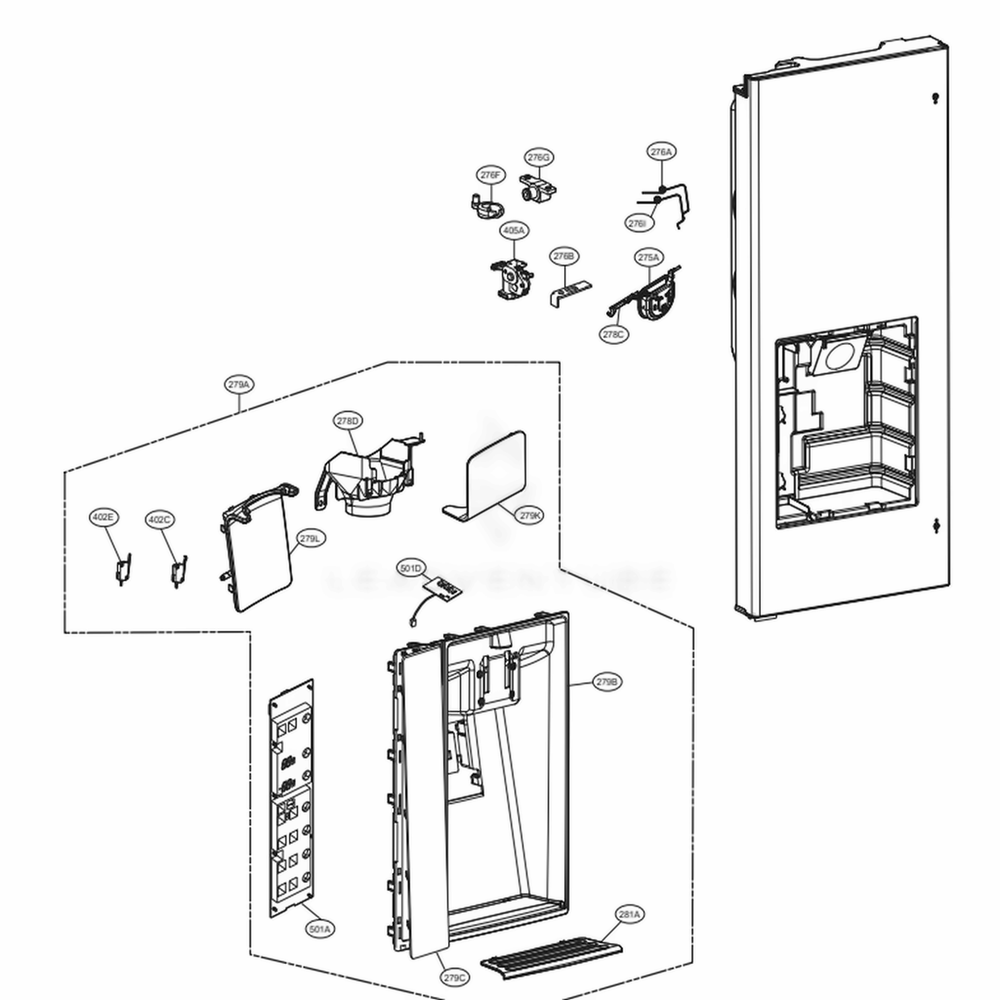 Dispenser Parts Diagram and Parts List for LFXC24726S ASTCNA3 LG Refrigerator