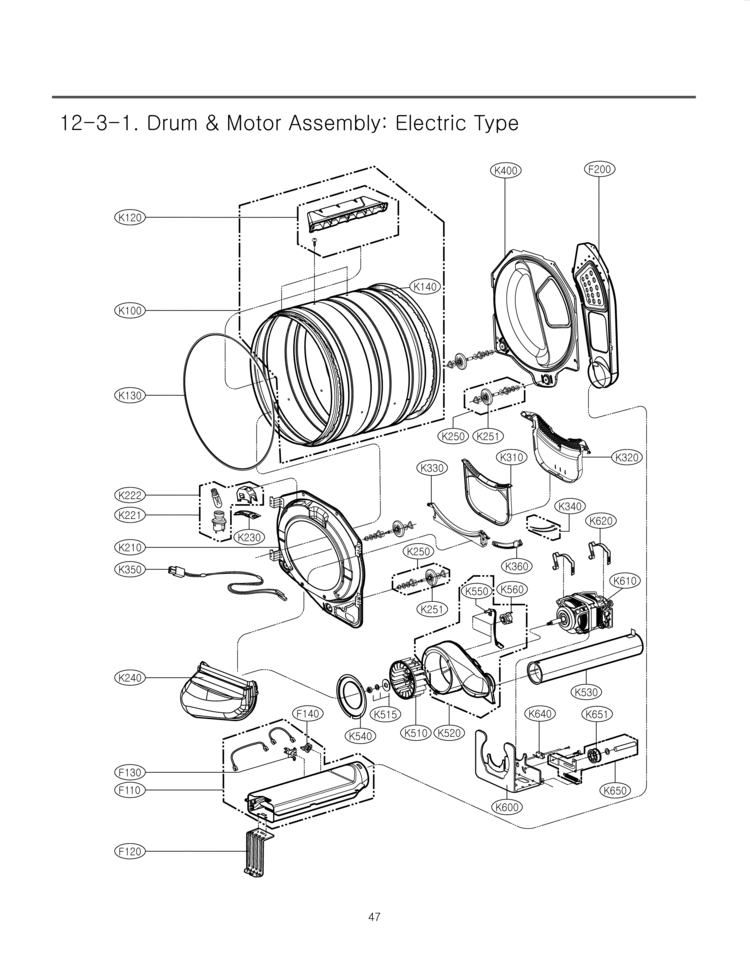 Drum & Motor Assembly Diagram and Parts List for DLE2601W DLE2601W /00 LG Dryer