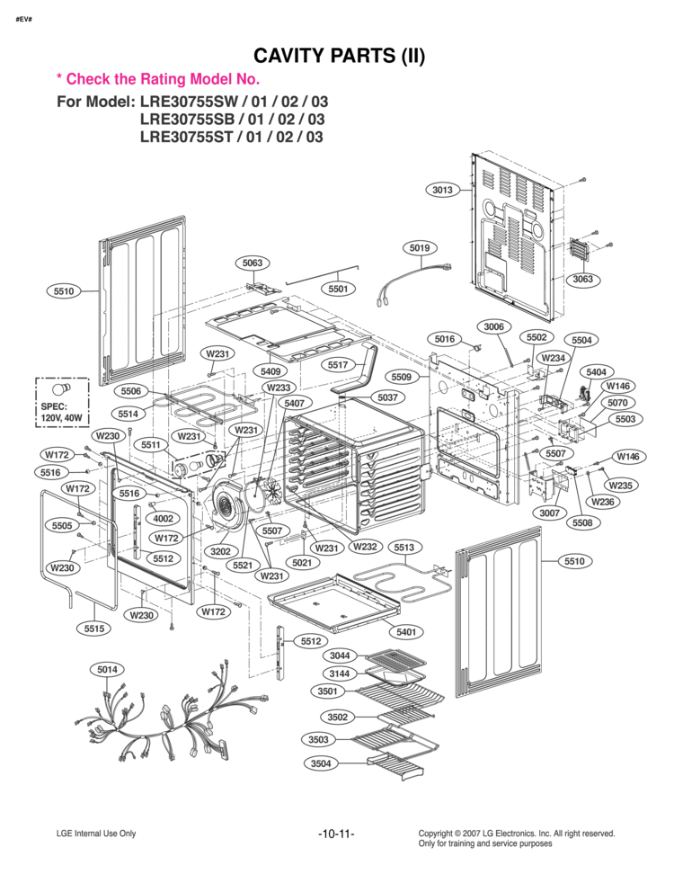 CAVITY PARTS II Diagram and Parts List for LRE30755SW LRE30755SW/02 LG Range