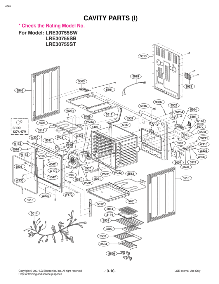 CAVITY PARTS I Diagram and Parts List for LRE30755ST  LG Range