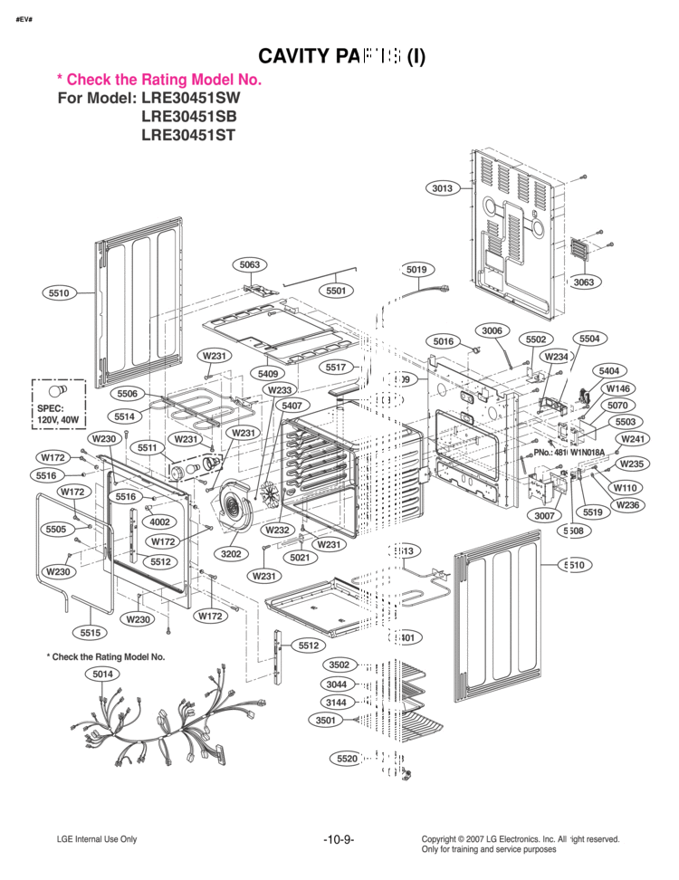 CAVITY PARTS I Diagram and Parts List for LRE30451ST  LG Range