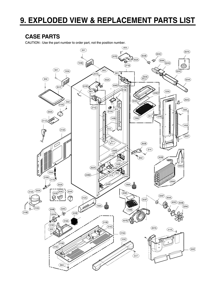 EXPLODED VIEW & REPLACEMENT PARTS LIST CASE PARTS Diagram and Parts List for LMX25985ST GR-L25AUSJP LG Refrigerator