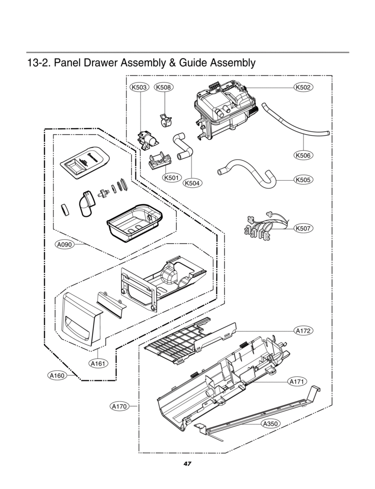 Panel Drawer Assembly & Guide Assembly Diagram and Parts List for DLEX2501V  LG Dryer