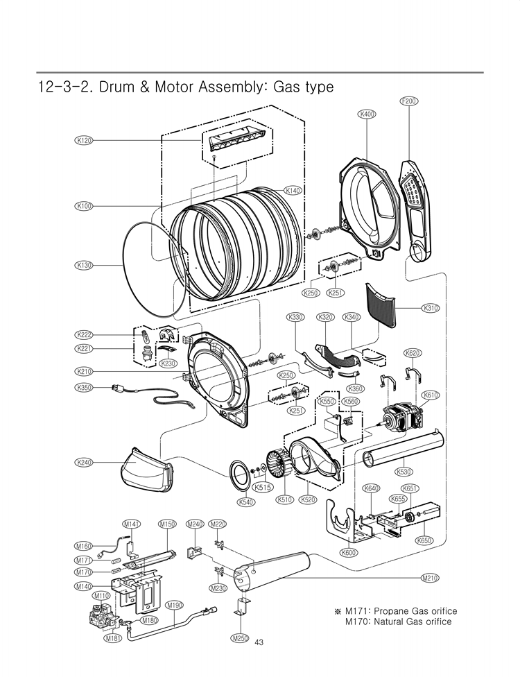Drum & Motor Assembly Diagram and Parts List for DLG2051W ABWEEUS LG Dryer