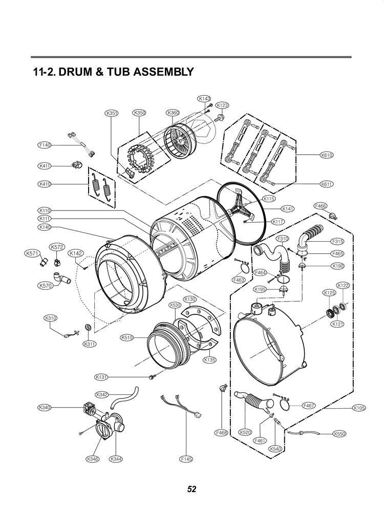 DRUM & TUB ASSEMBLY Diagram and Parts List for WM2050CW F1267FDY LG Washer