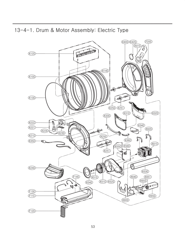 Drum & Motor Assembly Diagram and Parts List for DLEX3875V  LG Dryer