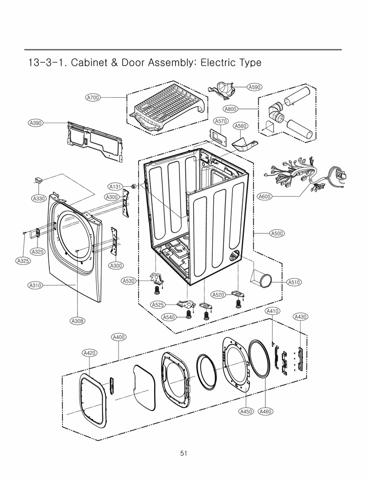 Cabinet & Door Assembly Diagram and Parts List for DLEX3875W ABWEEUS LG Dryer