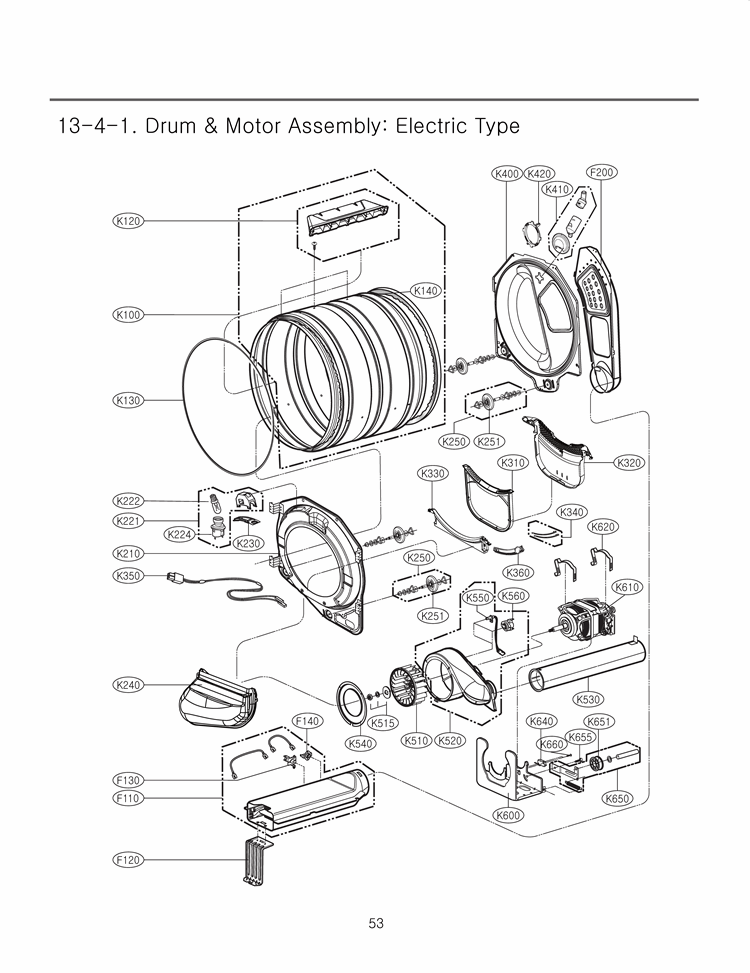 Drum & Motor Assembly Diagram and Parts List for DLEX3875W ABWEEUS LG Dryer