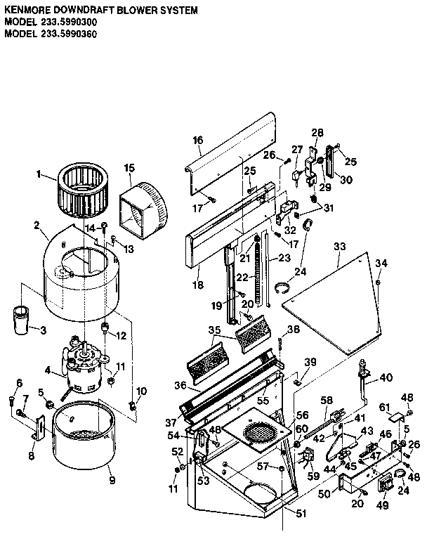 Downdraft Blower System Diagram and Parts List for 2335990360  Kenmore Range Hood