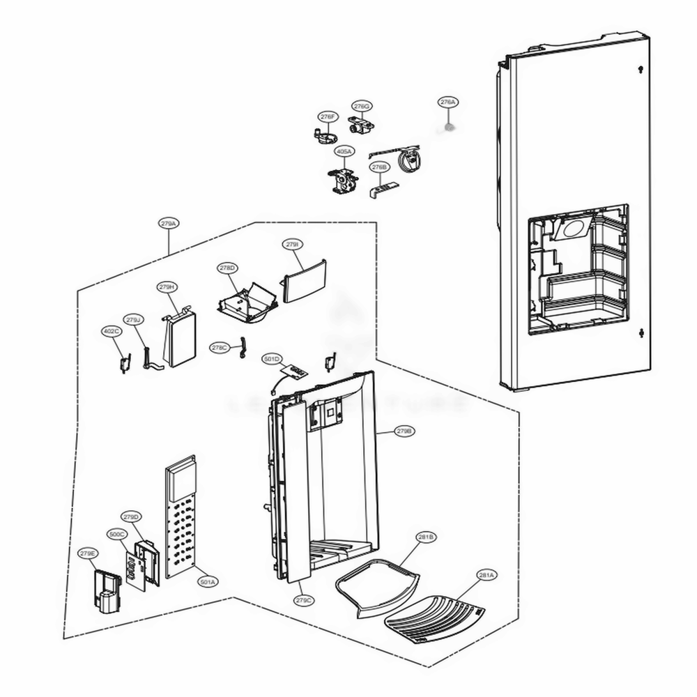 Dispenser Parts Diagram and Parts List for LFXS27466S ASTCNA0 LG Refrigerator