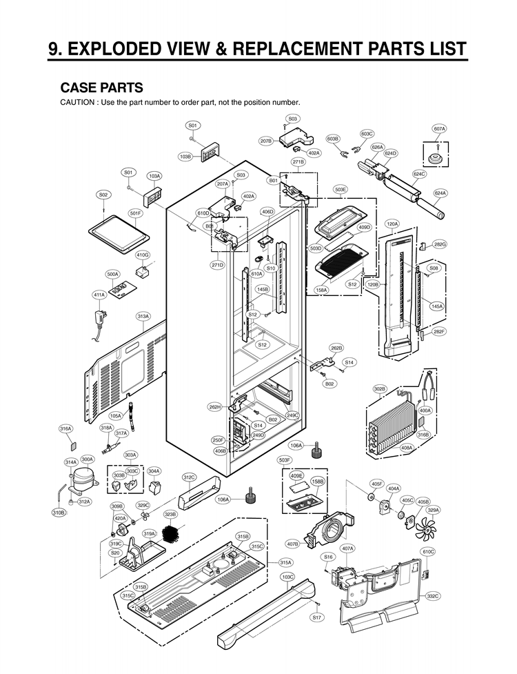 EXPLODED VIEW & REPLACEMENT PARTS LIST CASE PARTS Diagram and Parts List for LFX25975SB AWB3LGA LG Refrigerator