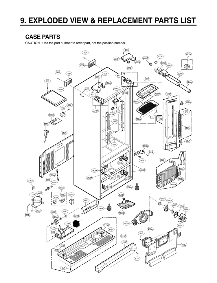 EXPLODED VIEW & REPLACEMENT PARTS LIST CASE PARTS Diagram and Parts List for LMX25984SB AWBCNA0 LG Refrigerator