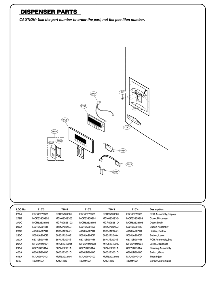 DISPENSER PARTS Diagram and Parts List for 71013  LG Refrigerator