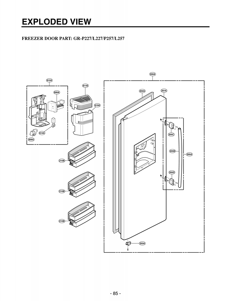 EXPLODED VIEW FREEZER DOOR PART Diagram and Parts List for LSC21943ST AST1LGA LG Refrigerator