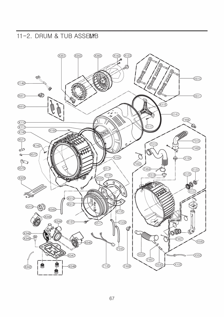 DRUM & TUB ASSEMB LY Diagram and Parts List for WM3875HVCA ASSEEUS LG Washer