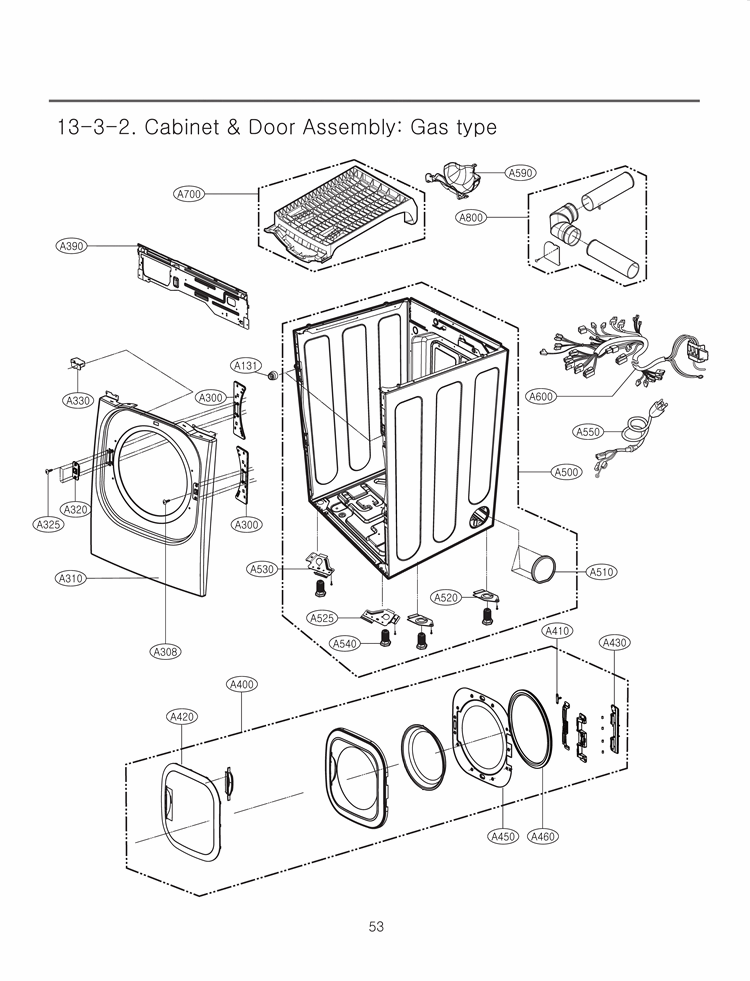 Cabinet & Door Assembly Diagram and Parts List for DLGX3876W ABWEEUS LG Dryer