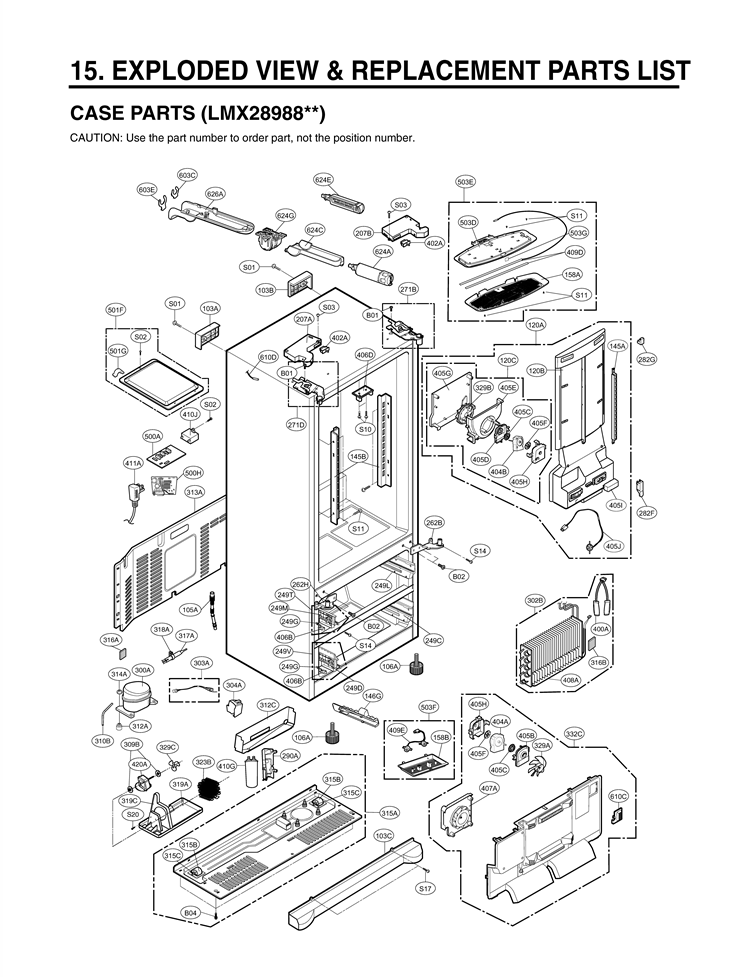 EXPLODED VIEW & REPLACEMENT PARTS LIST CASE PARTS Diagram and Parts List for LMX28988ST  LG Refrigerator