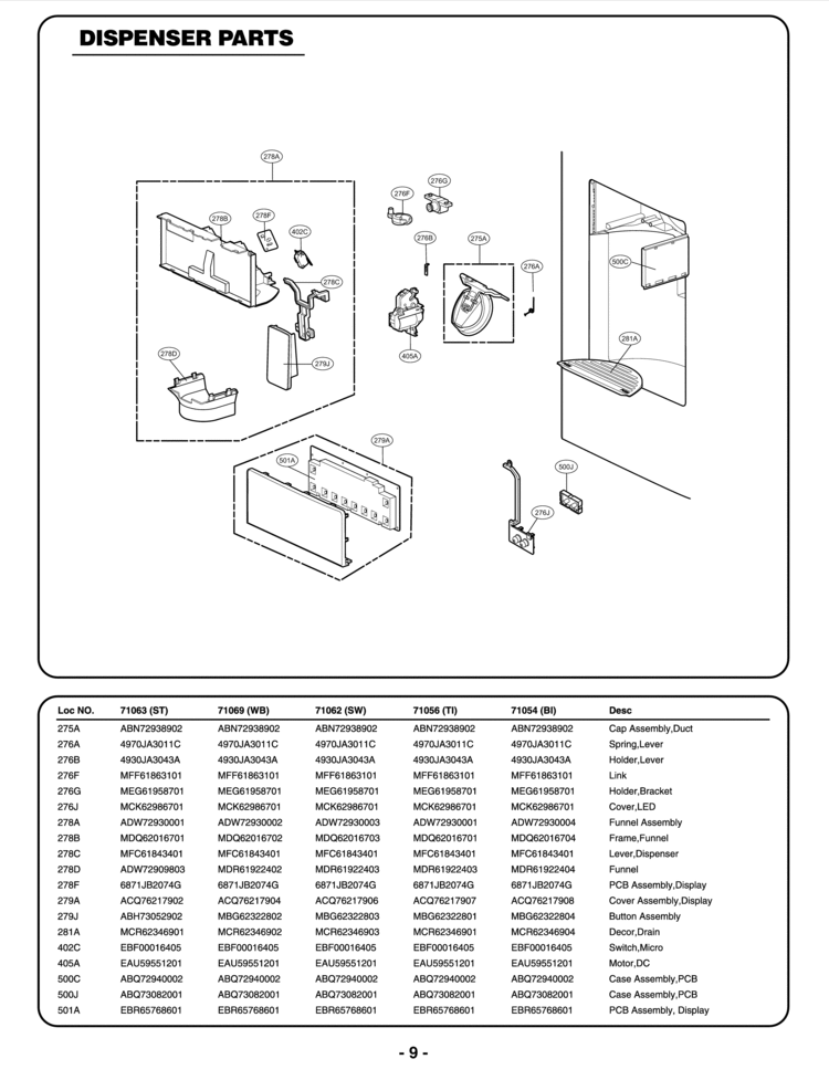 DISPENSER PARTS Diagram and Parts List for 71056  LG Refrigerator