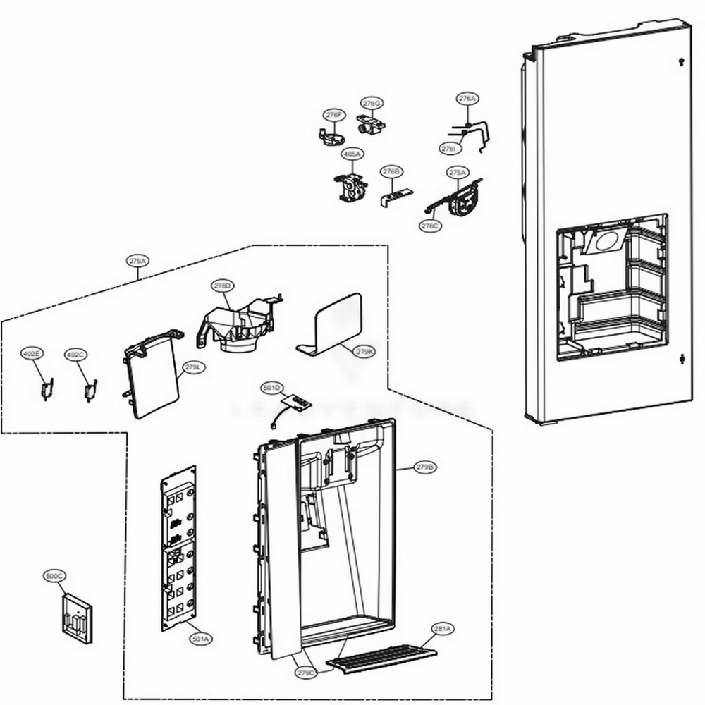 Dispenser Parts Diagram and Parts List for LFX29927ST ASTCNA0 LG Refrigerator