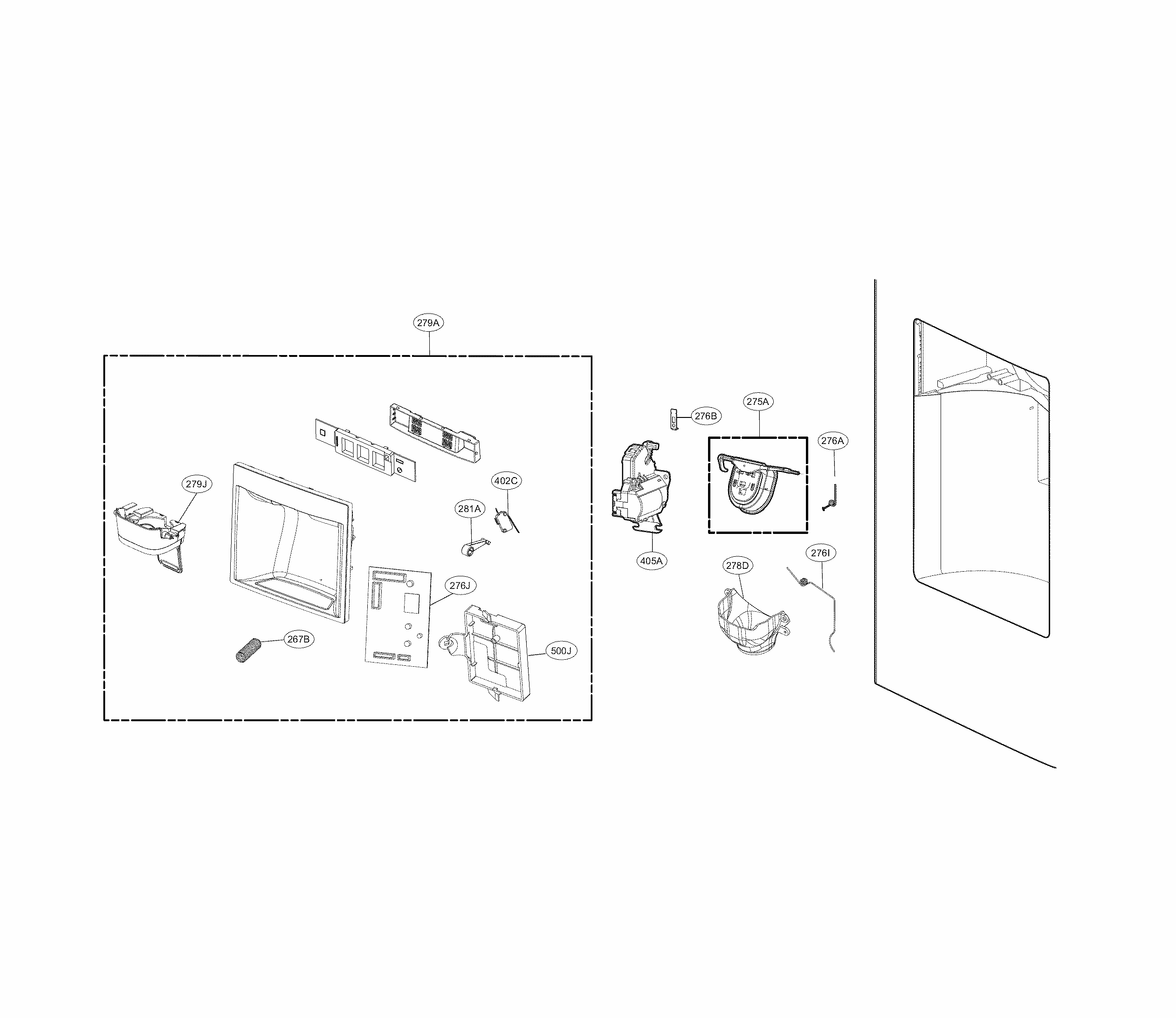 Dispenser Parts Diagram and Parts List for 79579993510  Kenmore Refrigerator