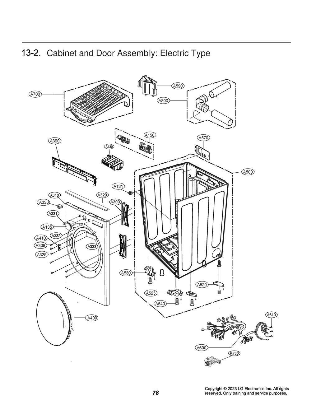 Cabinet And Door Assembly Diagram and Parts List for DLEX5500W ABWEUUS LG Dryer