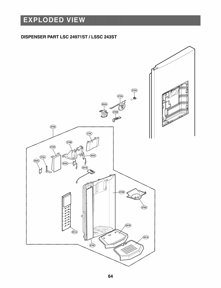 EXPLODED VIEW DISPENSER PARTS Diagram and Parts List for LSC24971ST ASTCNA0 LG Refrigerator