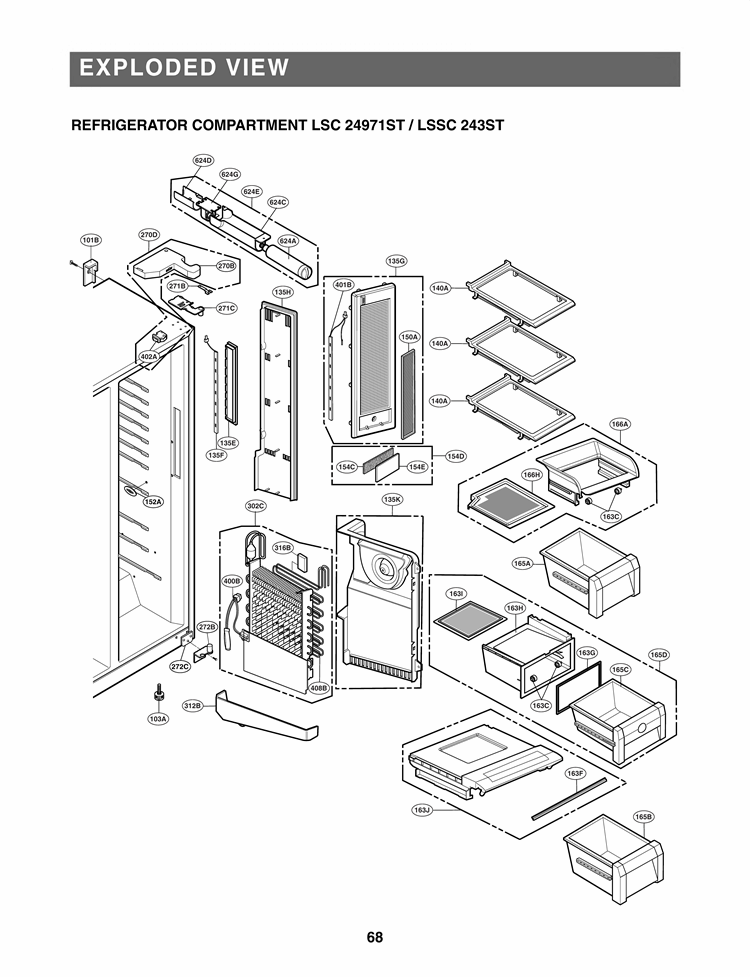 EXPLODED VIEW REFRIGERATOR COMPARTMENT Diagram and Parts List for LSC24971ST ASTCNA0 LG Refrigerator