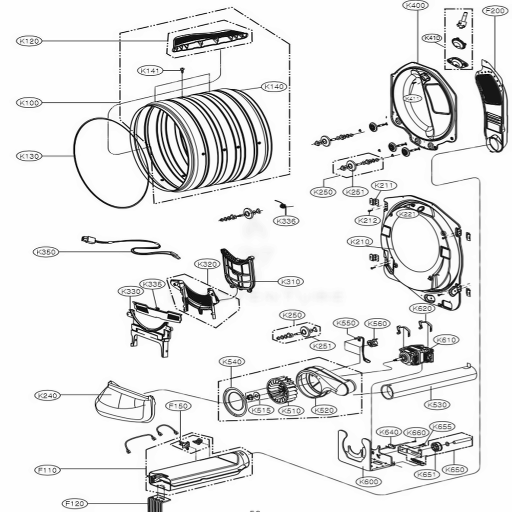 Drum And Motor Assembly Diagram and Parts List for DLEX8100V ASSEEUS LG Dryer