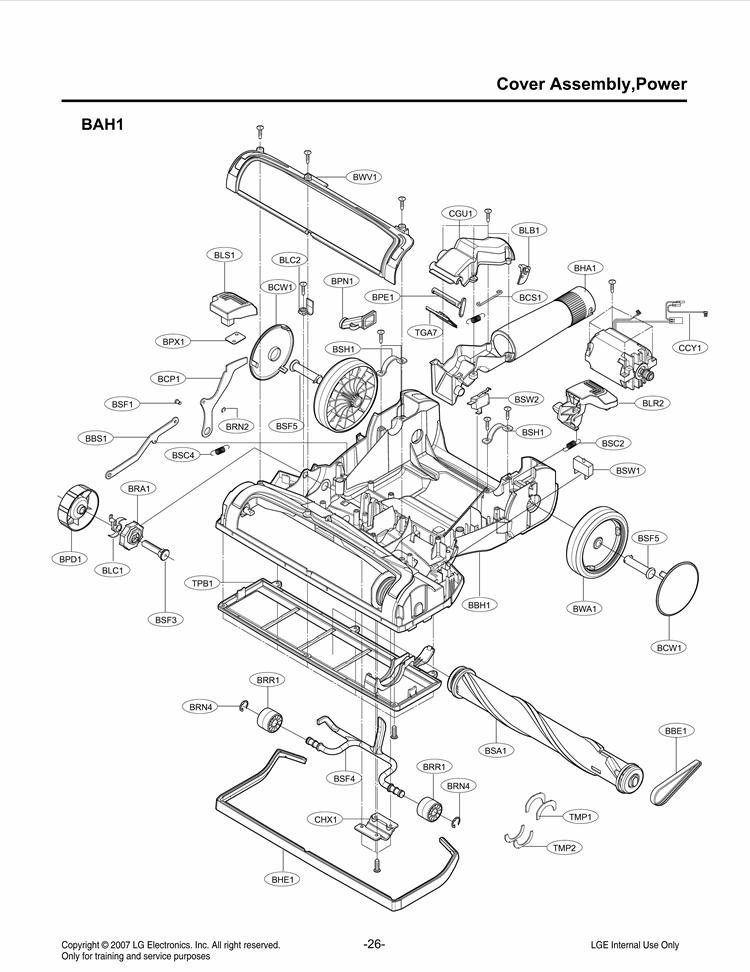 Cover Assembly Diagram and Parts List for LUV200R CAEELGA LG Canister Vacuum