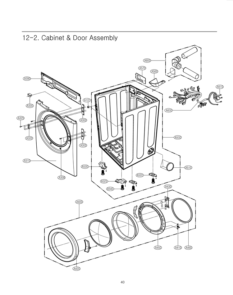 Cabinet & Door Assembly Diagram and Parts List for DLE2140W ABWEEUS LG Dryer