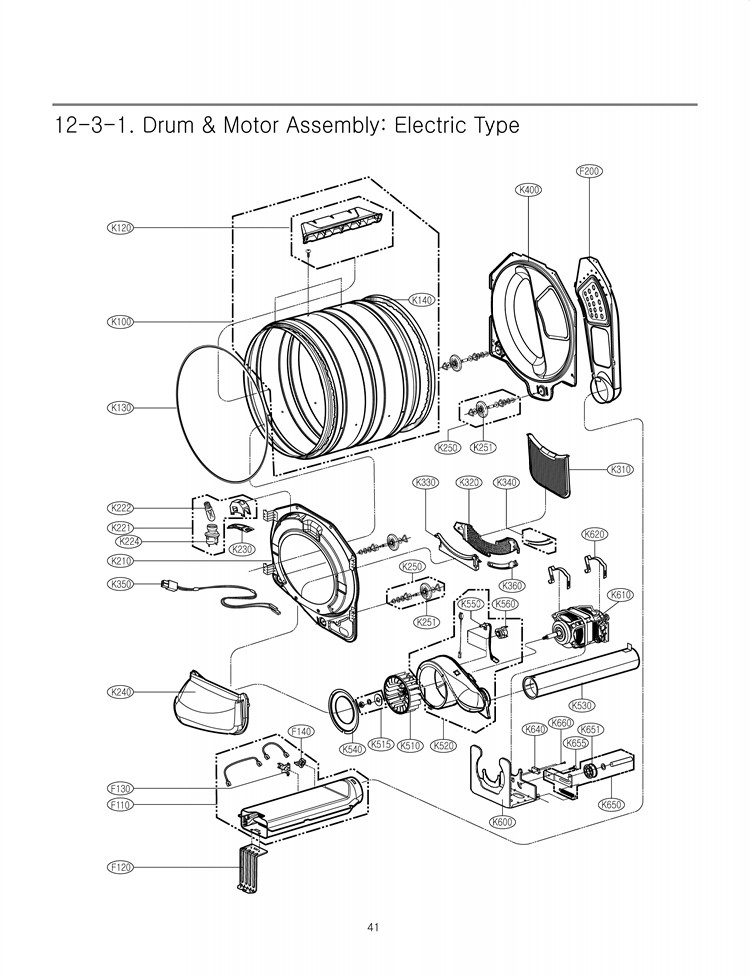 Drum & Motor Assembly Diagram and Parts List for DLE2140W ABWEEUS LG Dryer